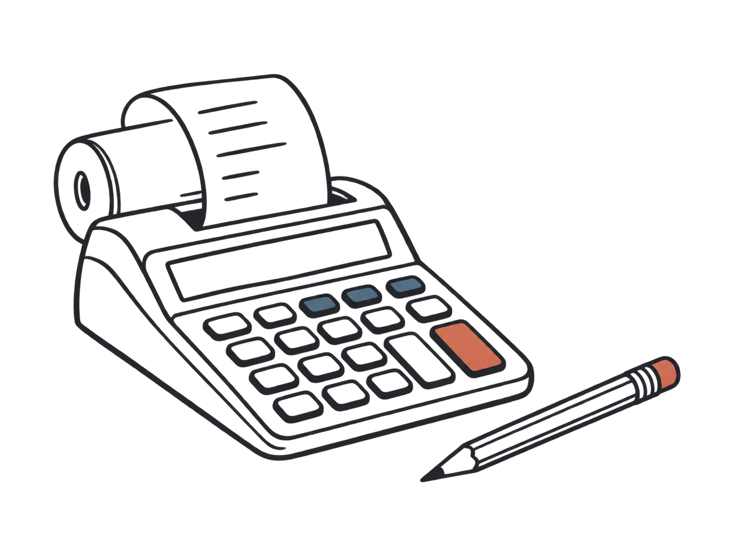 Hand-drawn calculator printing an estimate beside a pencil