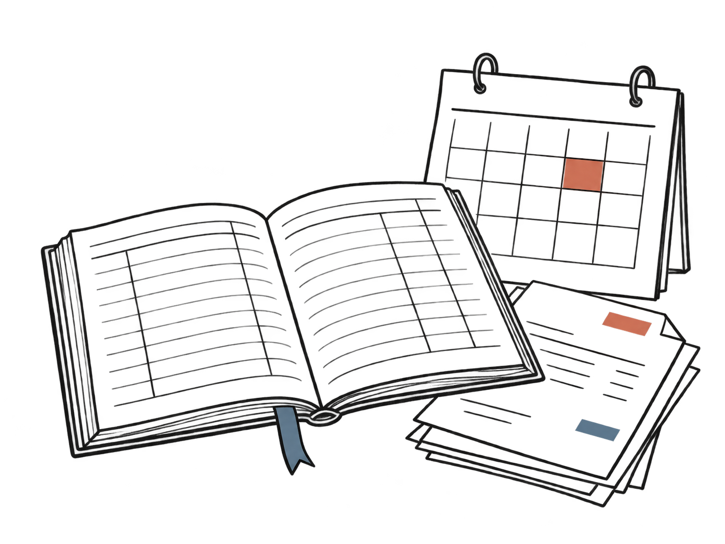Open ledger, calendar and invoices drawn in charcoal lines